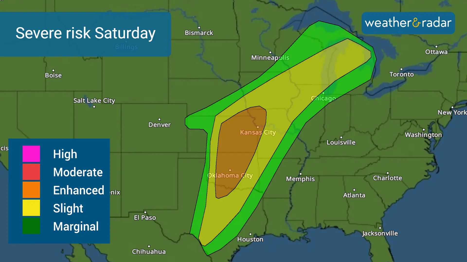 Larger cities and over 30 million people at risk of encountering severe storms on Saturday. 