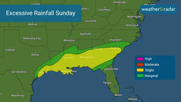 Heavy rains will be possible on Sunday from Texas through South Carolina. 