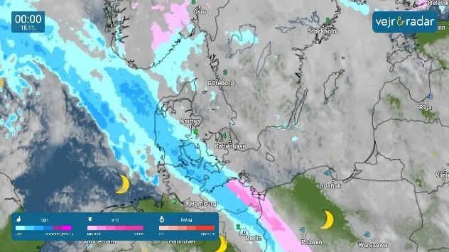 Vejrradaren viser sne på begge sider af DK torsdag