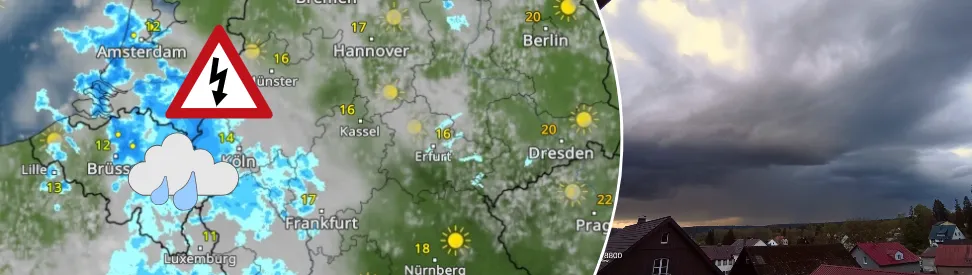WetterRadar zeigt viel Regen und einzelnen Gewitter ganz im Westen - dunkle Schauerwolken über ländliche Region (c) Meta Koerner Vollrath via WetterMelder Deutschland
