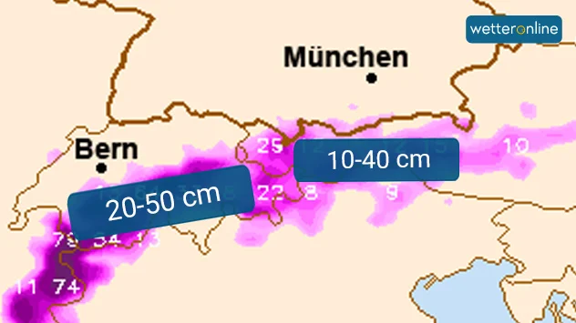 Um die Wochenmitte herum kommen in den höheren Lagen der Alpen regional wahrscheinlich bis 50 Zentimeter Neuschnee zusammen.