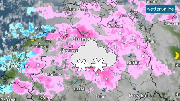 Unser WetterRadar-Prognose zeigt Schneefälle am Mittwochmorgen. Auch die Ballungsräume in Norddeutschland sind davon betroffen