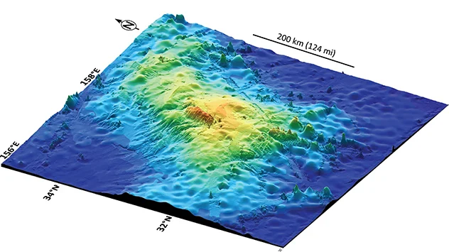 Das Bild zeigt eine 3D-Aufnahme des Tamu-Massivs, er gilt als der größte Vulkan der Welt