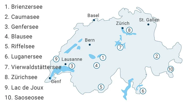 Karte mit den Top 10 der Seen in der Schweiz