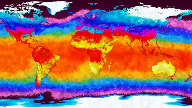 Eine Klimasimulation zeigt die Erwärmung der Landmassen und der Wasseroberfläche.