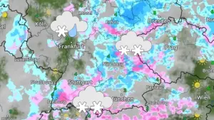 WetterRadar zeigt Schneefalle im Bergland