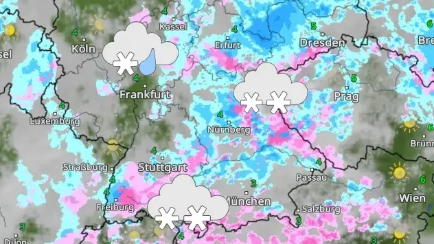 WetterRadar zeigt Schneefalle im Bergland