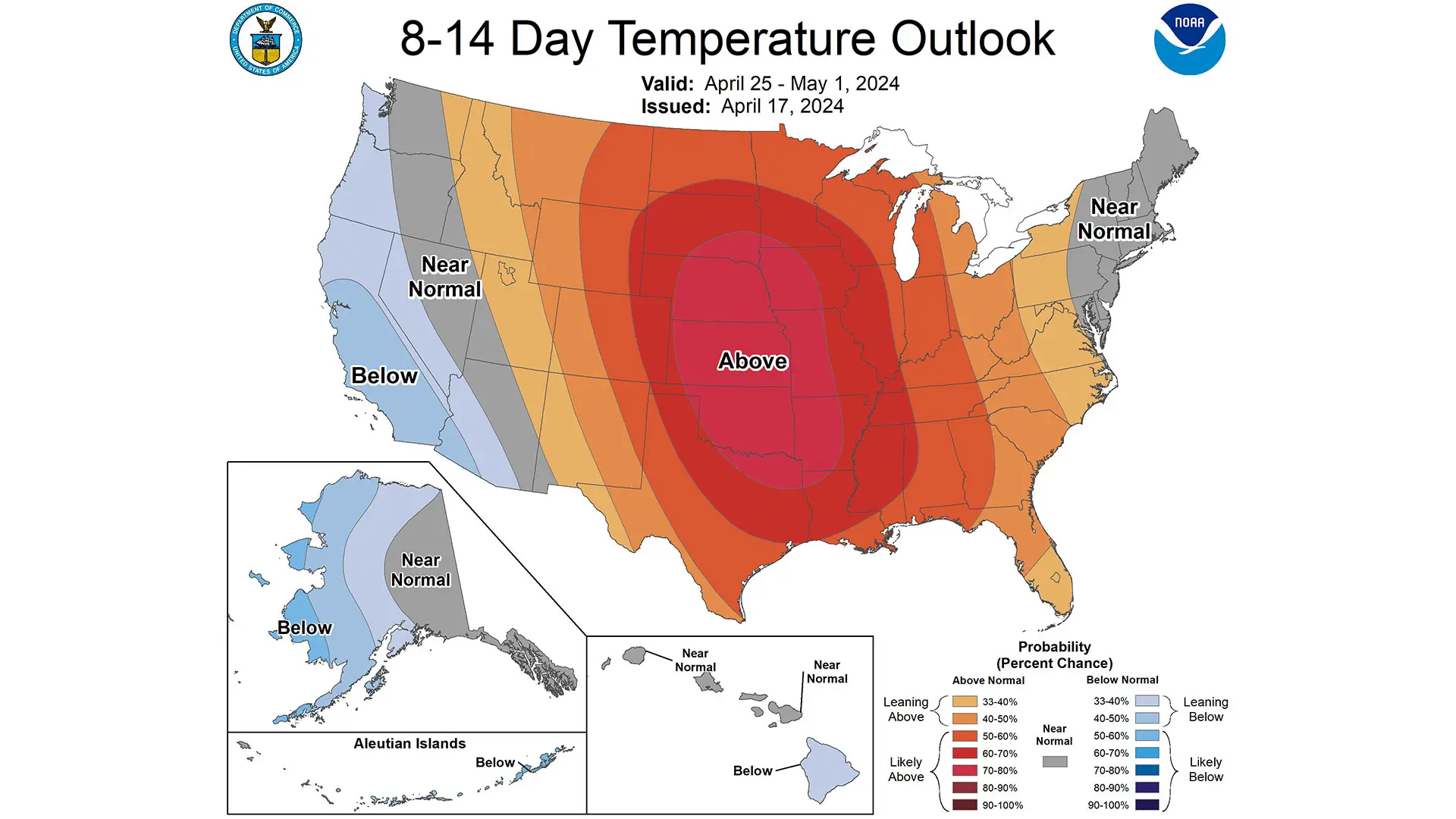 The 8 to 14 day temperature outlook for the U.S. through May 1, 2024.