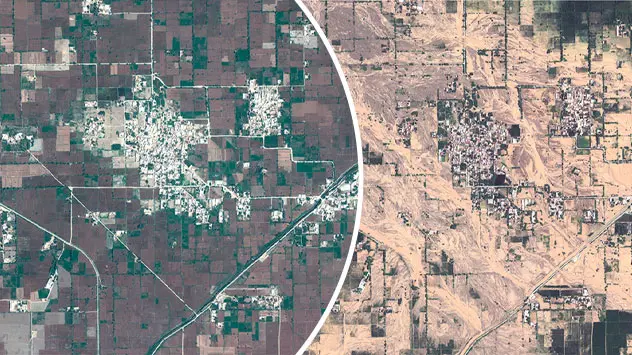 Linkes Satellitenbild: Vor der Flutkatastrophe; Rechtes Bild: Nach der Flutkatastrophe. 
