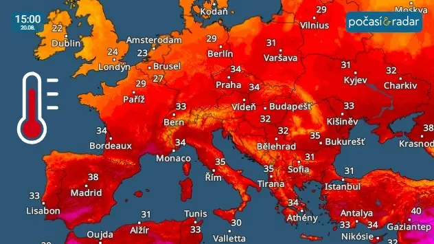 Pohled na náš Teplotní radar nad Evropou dne 20. srpna 2023 - Evropu ovládaly tropické teploty. 