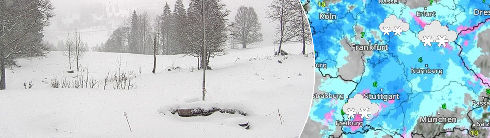 Rund um den Feldberg reichlich Schnee - WetterRadar Freitagnachmittag zeigt Regen und Schnee (c) emmendinger-huette.de
