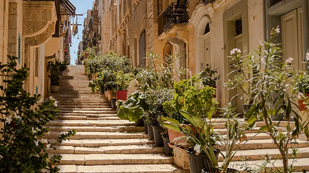 Enge Gasse in Valletta mit Treppenstufen, bepflanzten Eingängen und historischen Sandsteinhäusern