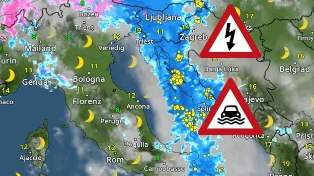 WetterRadar zeigt Regenband mit Gewittern im Adriaraum