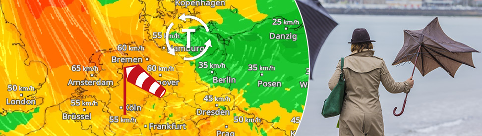 WindRadar-Bild und Frau mit Regenschirm