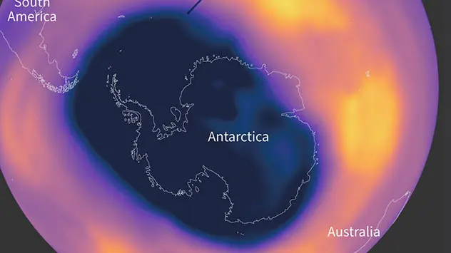 Gaura de ozon deasupra Antarcticii la nivelul maxim pe 7 octombrie 2021.