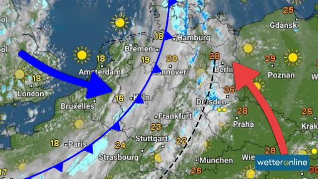WetterRadar zeigt Kaltfront mit Wolkenband und etwas Regen über Benelux, weiter östlich weiteres Wolkenband, wo eine Konvergenz entsteht