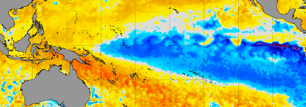 © NOAA Satellite and Information Service Eine Kaltwasserzunge breitet sich von Südamerika entlang des Äquators westwärts Richtung Indonesien aus.