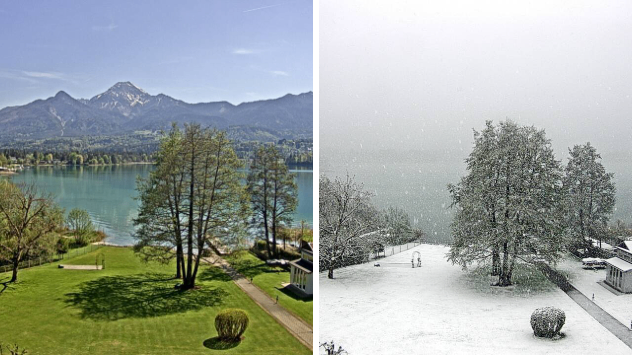Bildervergleich einer webcam zeigt grüne Wiese mit Sommerwetter links und Schneefall rechts.