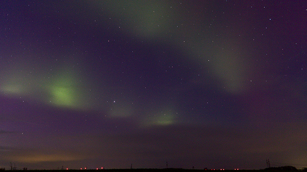 Tanzende Nordlichter zeigen sich am Himmel über dem Land Brandenburg.