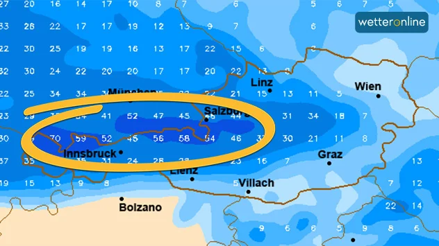 Wetterkarte mit aufsummierten Regenmengen bis Montagabend