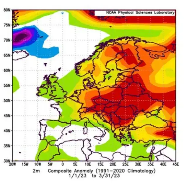 Abaterea temperaturii în intervalul ianuarie - martie 2023 față de mediile multianuale, în Europa.