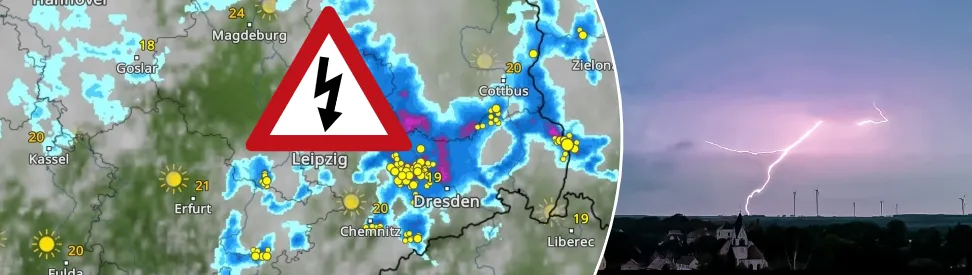 WetterRadar zeigt für Sonntagnachmittag starke Gewitter in Sachsen - Blitz im Südharz (c) Bild rechts: Susi Lena via WetterMelder Deutschland