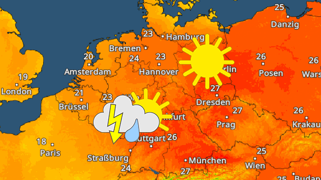 TemperaturRadar mit Wettersymbolen für Dienstag