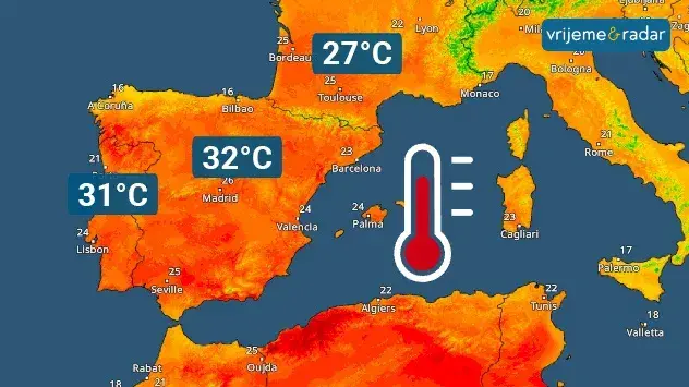 Ljetnje temperature na jugozapadu Evrope 22. marta/ožujka popodne.