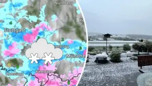 links: WetterRadar mit Schnee und Regen, rechts: angezuckerte Landschaft im Alb-Donau-Kreis (c) rechts: Valerija Hansen