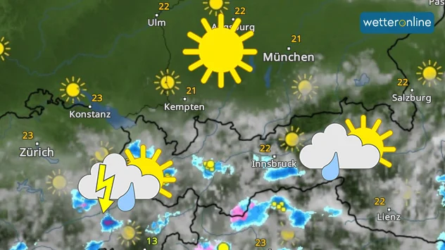 WetterRadar zeigt am Mittwoch gewittrige Regenschauer in den Alpen.