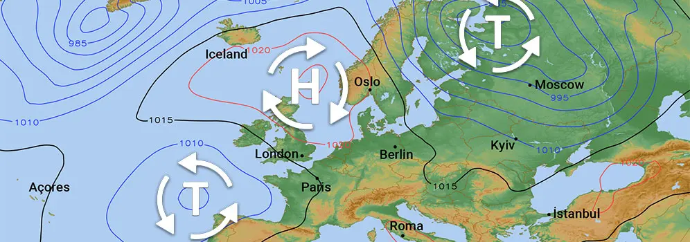Druckkarte zeigt Großwettertlage über Europa