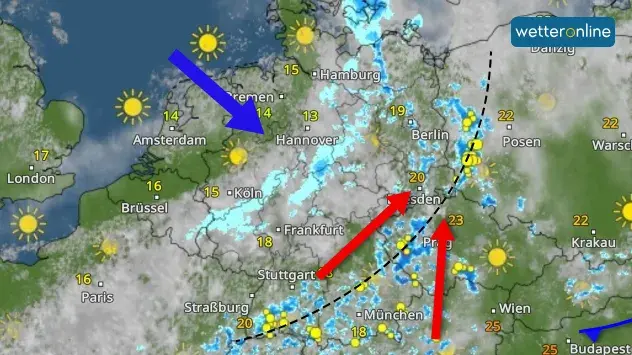 Windsprung an einer Konvergenz von Süd auf Südwestsüd, an der Kaltfront auf Nordwest