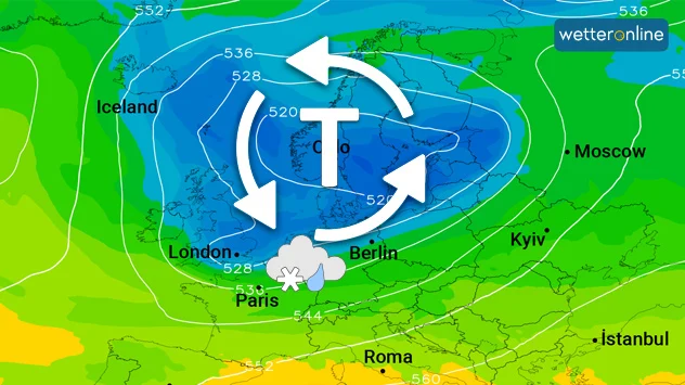 Die Wetterkarte zeigt, das ein Tief gefüllt mit kalter Luft nördlich von Deutschland liegt und langsam übergreift.