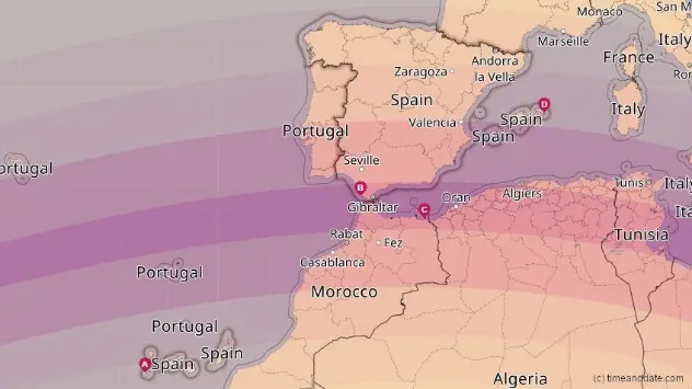 En este caso, la totalidad se dará justo en el sur de la Península, también en Ceuta y Melilla. En el resto se podrá observar como un eclipse parcial.