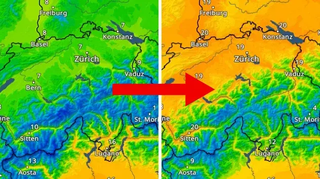 TemperaturRadar-Vorhersage für heute (links) und für Samstag (rechts).