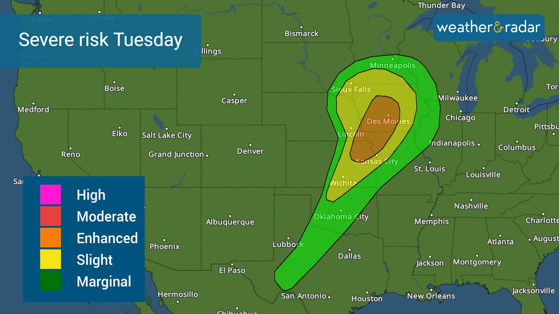 The Midwest is under a slight risk of severe storms. A few tornadoes are possible. 