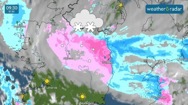 Weather map showing snow in Ireland