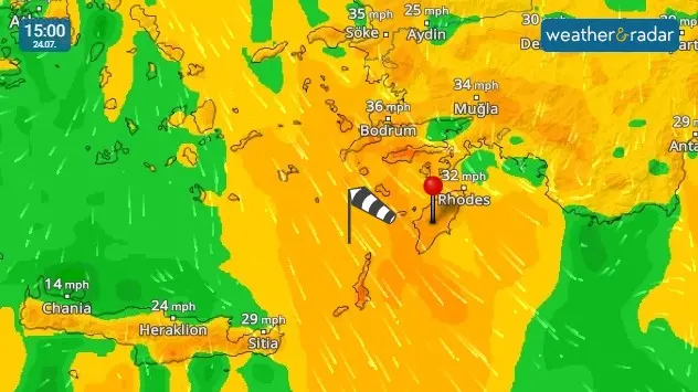 Strong winds are continuing to blow over the eastern Aegean Sea. Gusts of up to 50 mph have been measured.