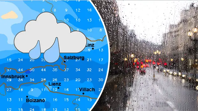 Karte mit Regensumme; Fensterscheibe mit Regentropfen darauf