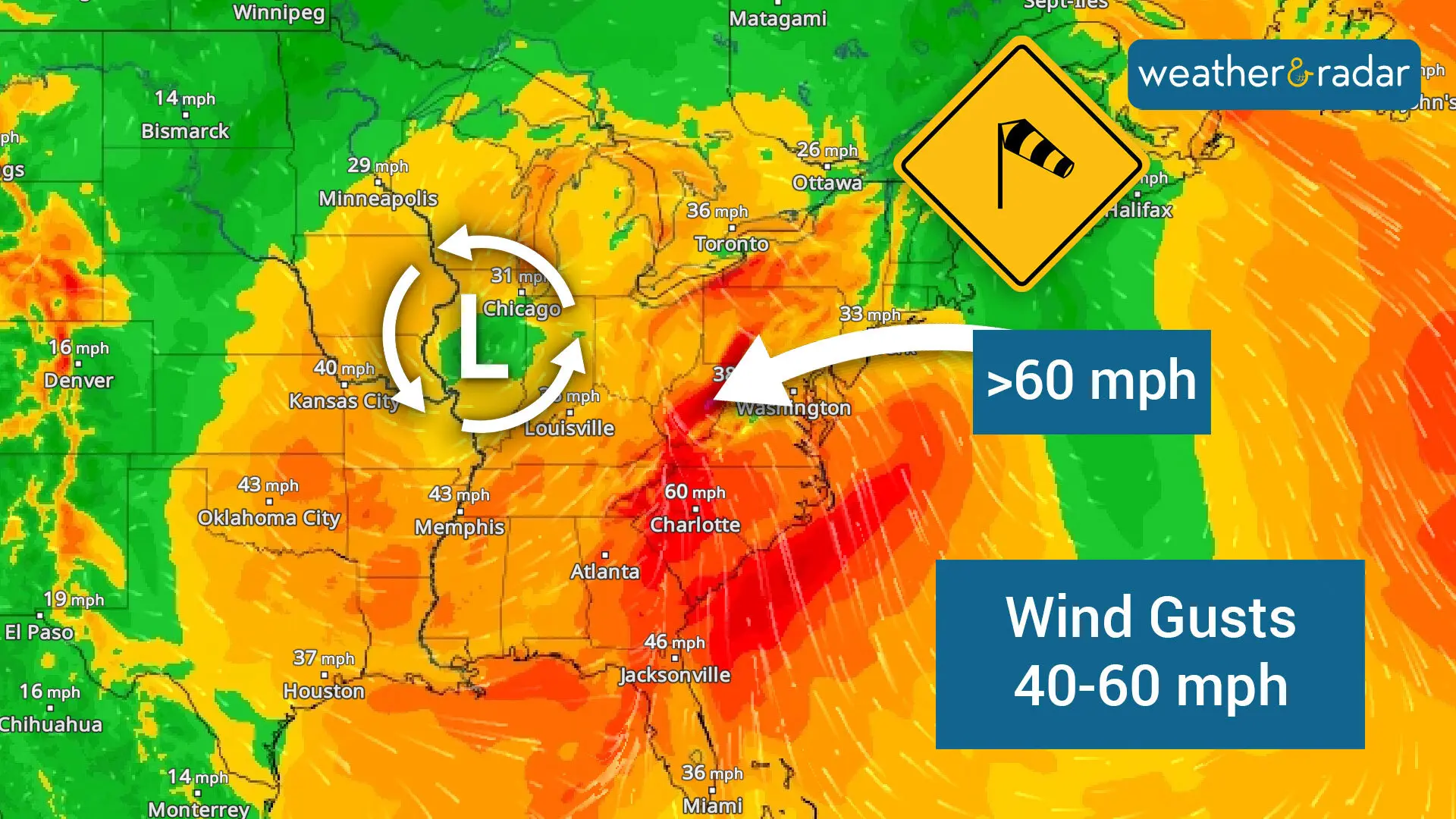 Strong winds are possible across a large chunk of the nation-- from Texas through the entire East Coast. 