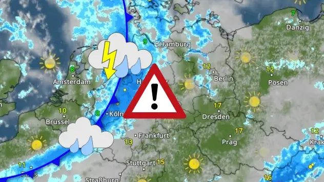 WetterRadar zeigt Regenband in Bogenform über Nordwestdeutschland mit einzelnen Blitzen