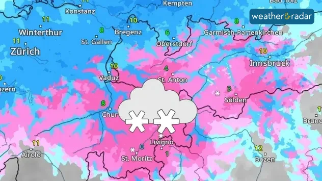 Weather map showing heavy snow over the Alps.