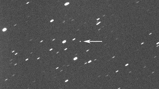 Der Pfeil zeigt auf den im Februar entdeckten Himmelskörper.