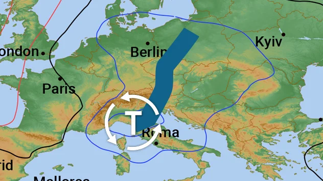 Ein Tief vom Golf von Genua über Norditalien, Österreich und Tschechien weiter noch Polen. Die Zugbahn ist blau markiert. 