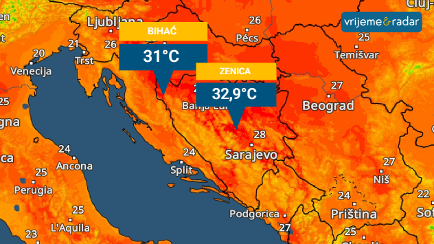 Vrući dan i u Tuzli (31°C), u Prijedoru u Doborju (30°C)