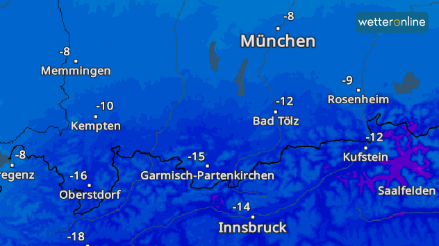 Eisige Nächte Richtung Alpen Karte mit frostigen Temperaturen