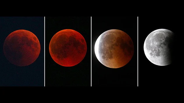 Bild: dpa Von rechts nach links wird der Mond von der Erde immer mehr verdunkelt und durch die langwellige Streustrahlung der Erdatmosphäre immer rötlicher.