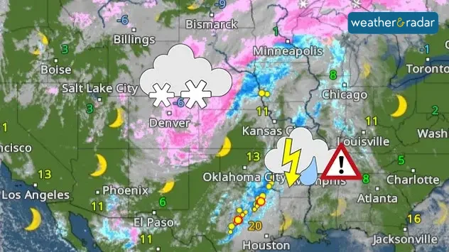 The WeatherRadar for the USA shows both heavy snowfall and a line of thunderstorms further south.