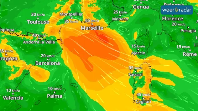 De mistral waait als een stormachtige wind in onder meer Avignon, Marseille en Sardines.