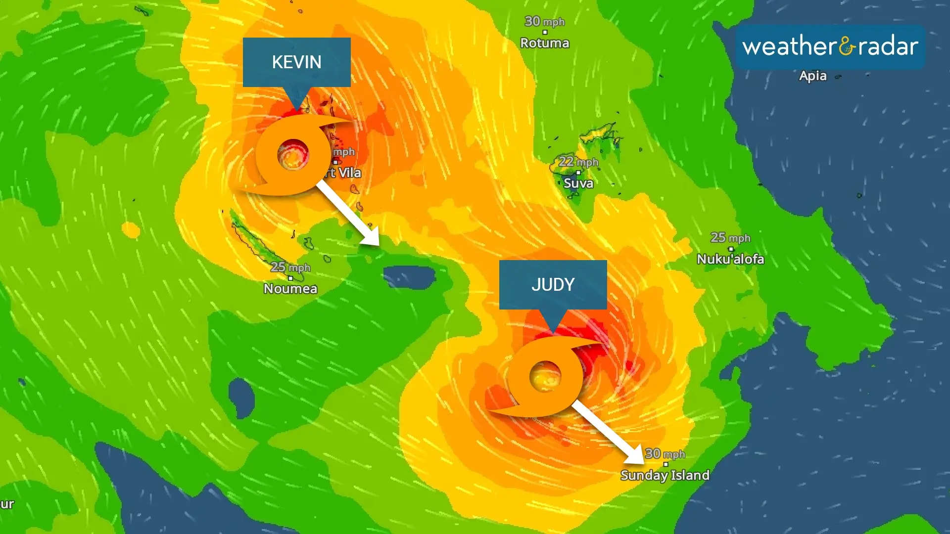 WindRadar showing two cyclones